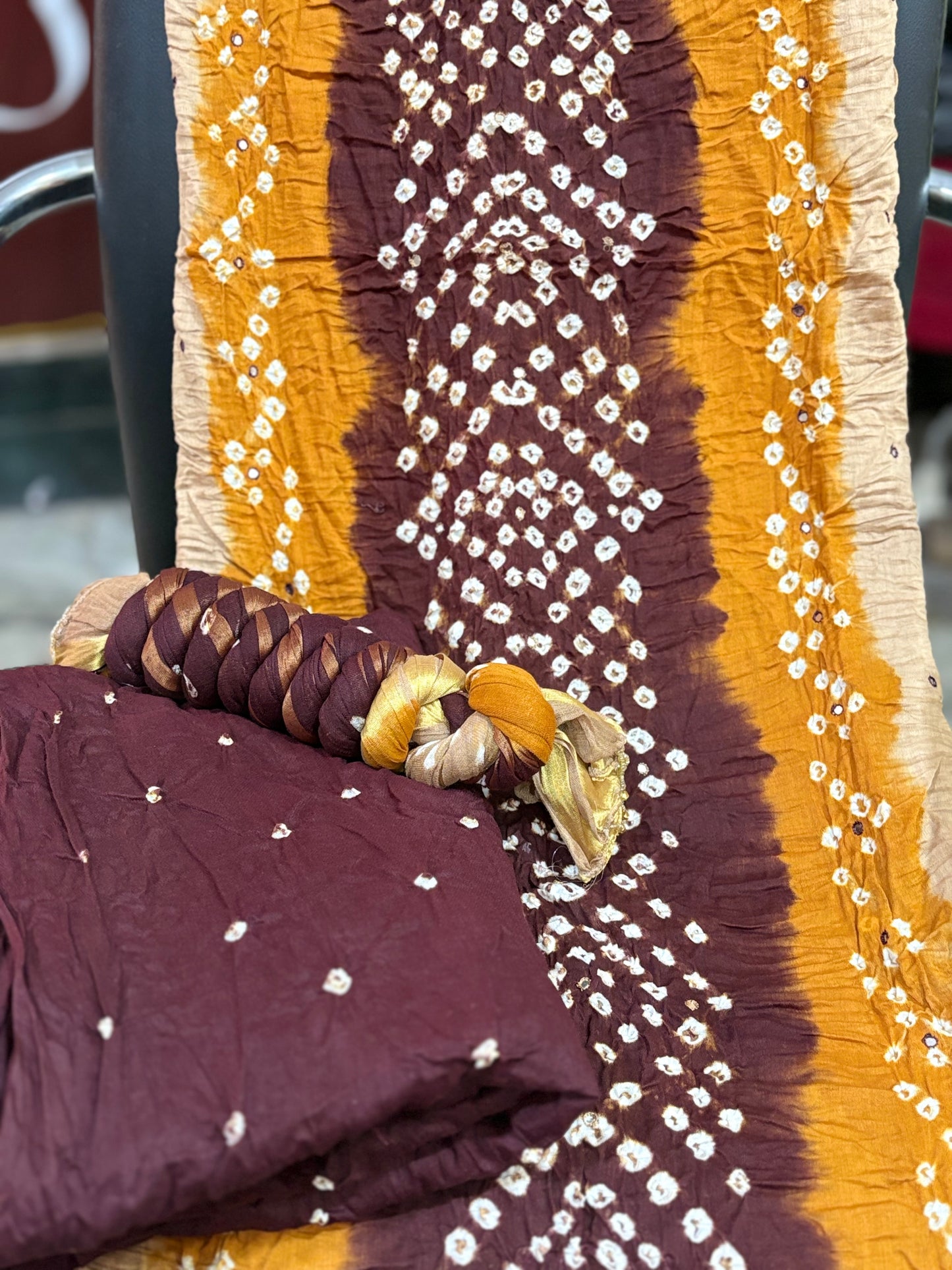 Black and Mustard | Three Piece | Bandhini | Unstitched Cotton Suit Set