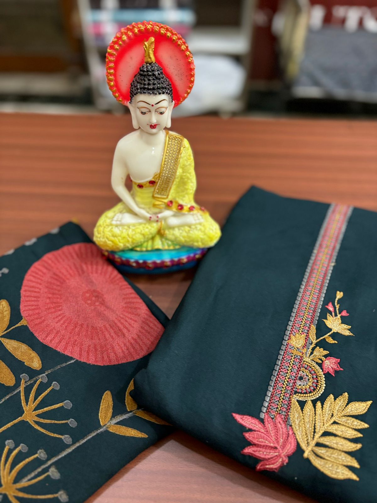 Floral Print Navy Green Embroidered | Three Piece | Pashmina | Unstitched Woolen Suit Set