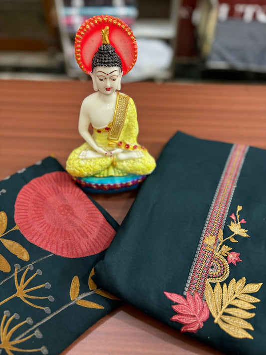 Floral Print Navy Green Embroidered | Three Piece | Pashmina | Unstitched Woolen Suit Set