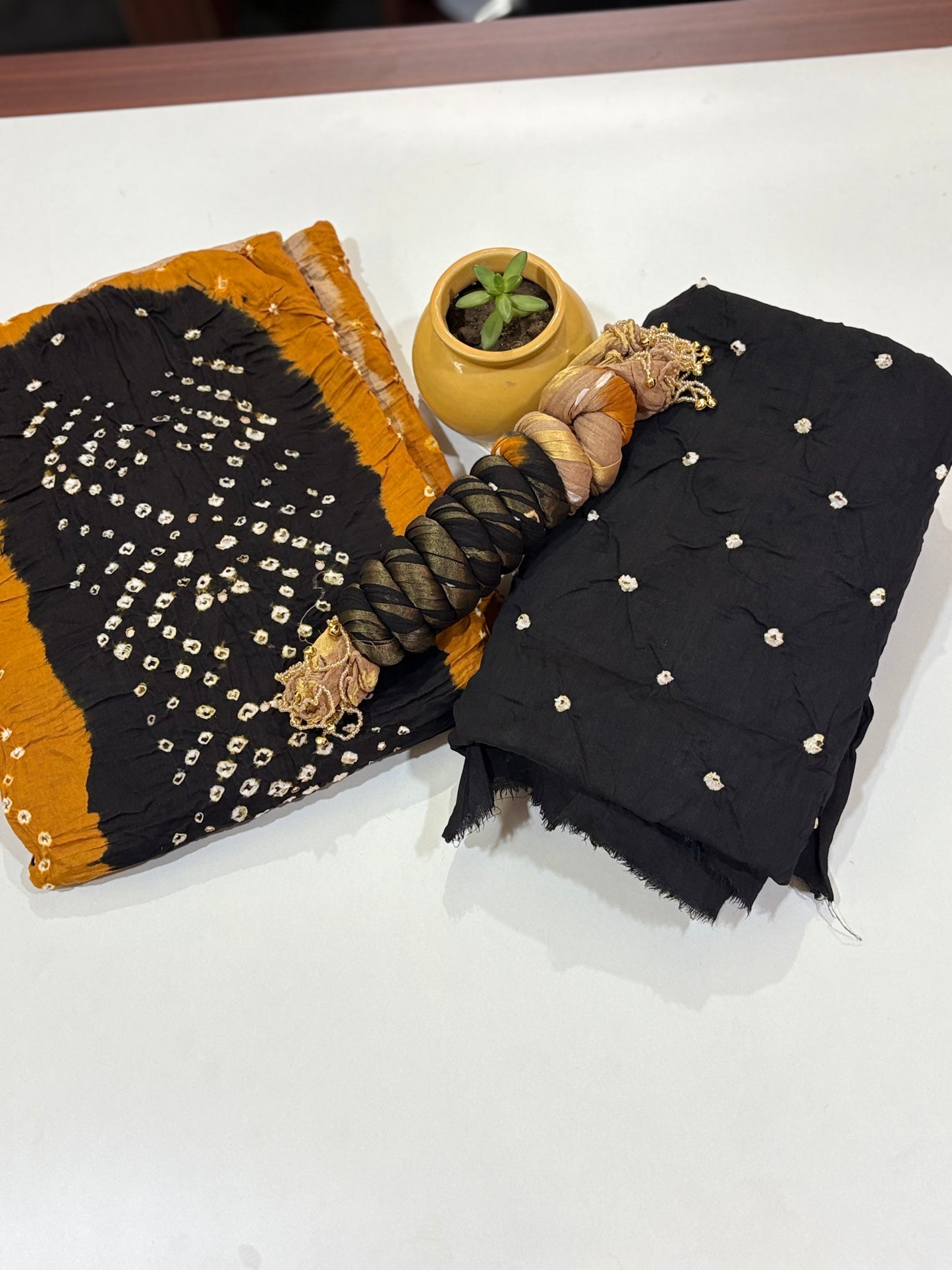 Black and Mustard | Three Piece |  Bandhini | Unstitched Cotton Suit Set