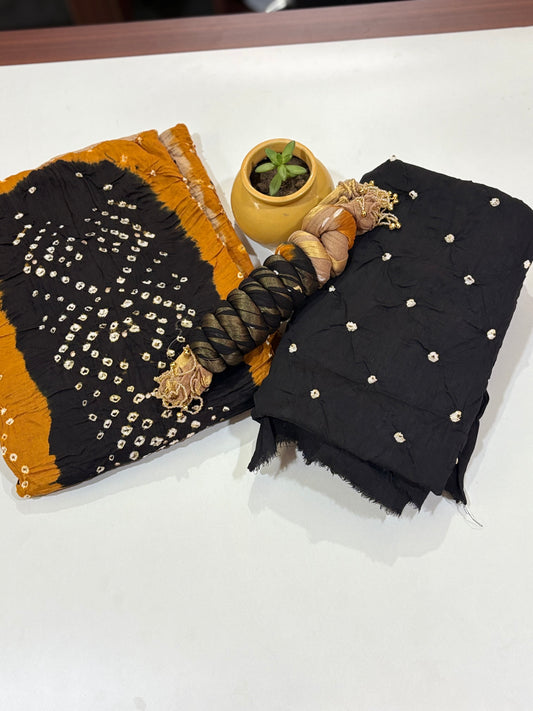 Black and Mustard | Three Piece |  Bandhini | Unstitched Cotton Suit Set