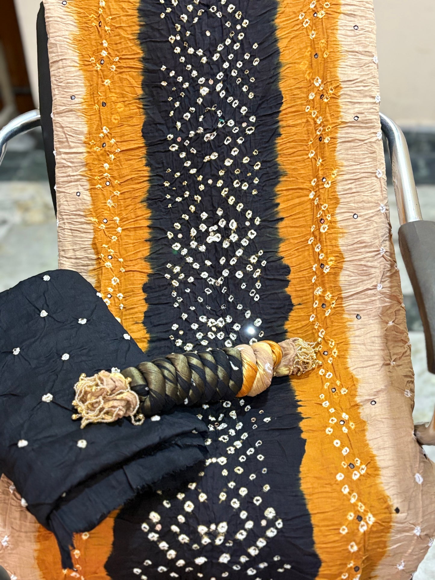 Black and Mustard | Three Piece |  Bandhini | Unstitched Cotton Suit Set