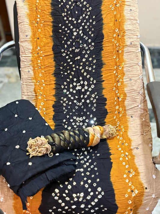 Black and Mustard | Three Piece |  Bandhini | Unstitched Cotton Suit Set
