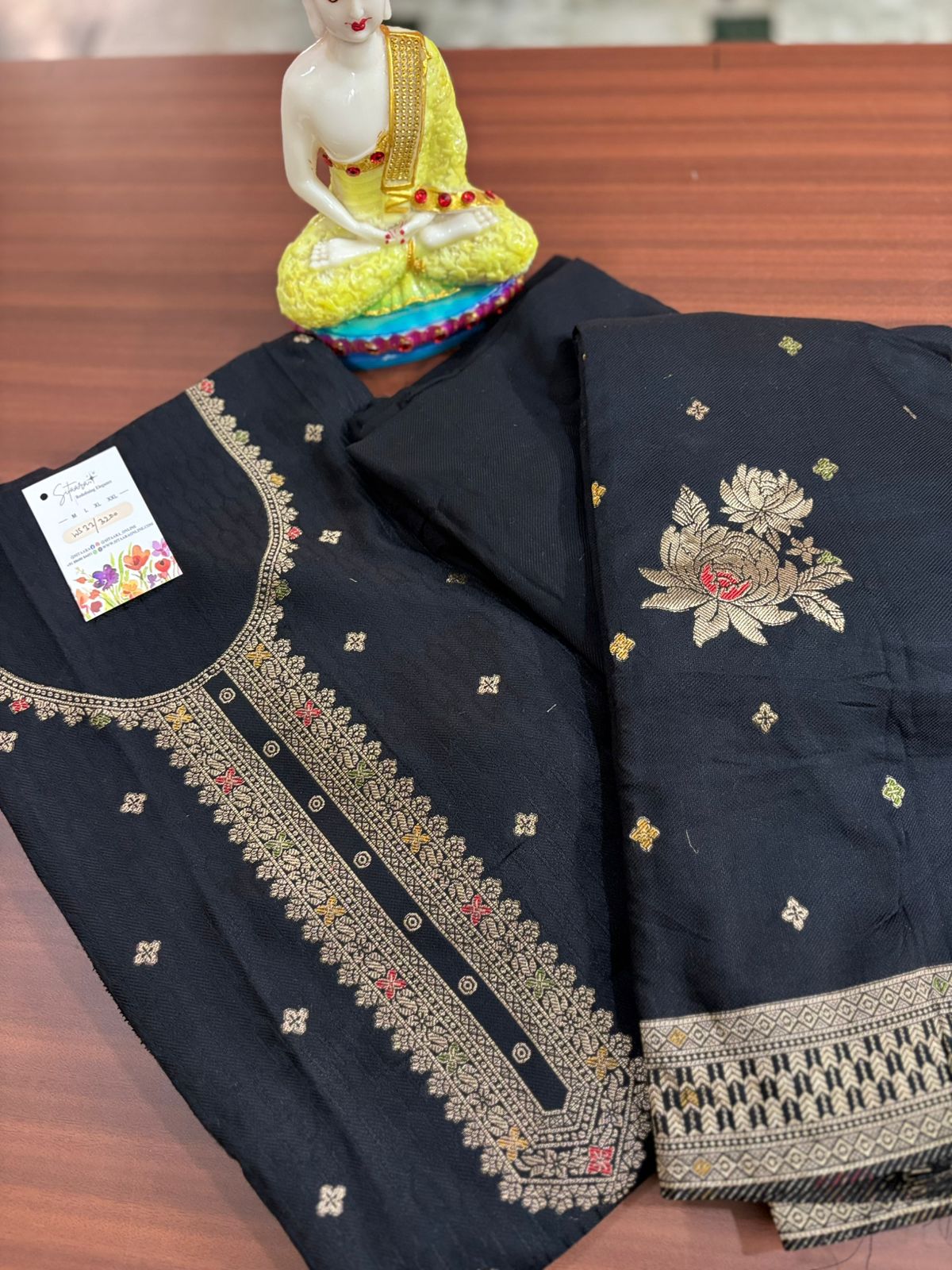 Black and Gold | Three Piece |  Pashmina | Unstitched Woolen Suit Set