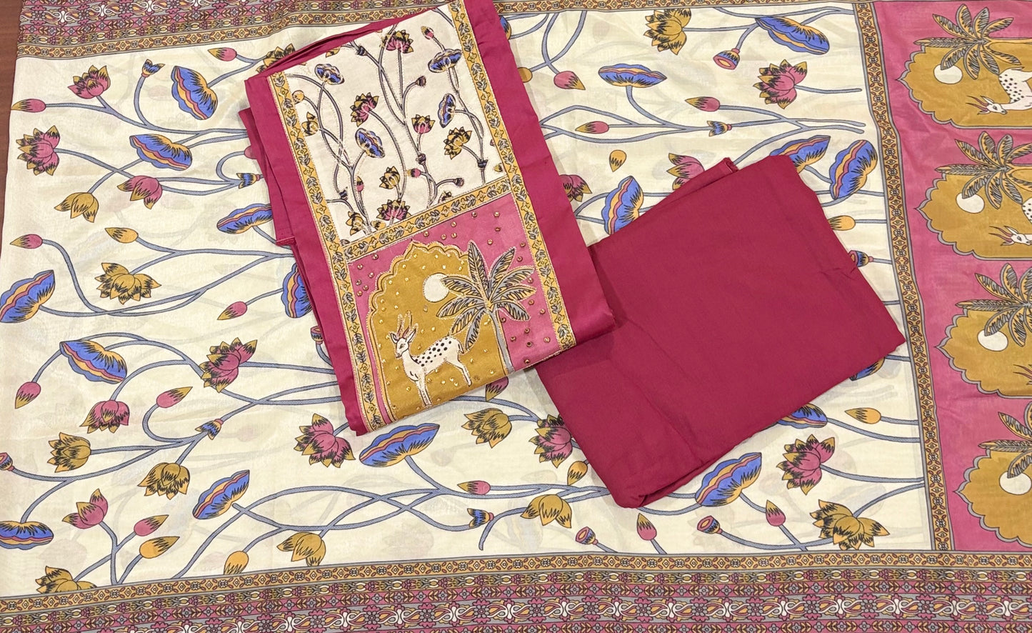 Onion Pink | Three Piece |  Kalam Kari | Unstitched Cotton Suit Set