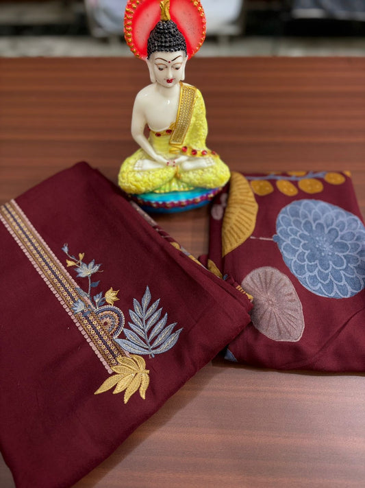 Floral Print Maroon Embroidered | Three Piece |  Pashmina | Unstitched Woolen Suit Set