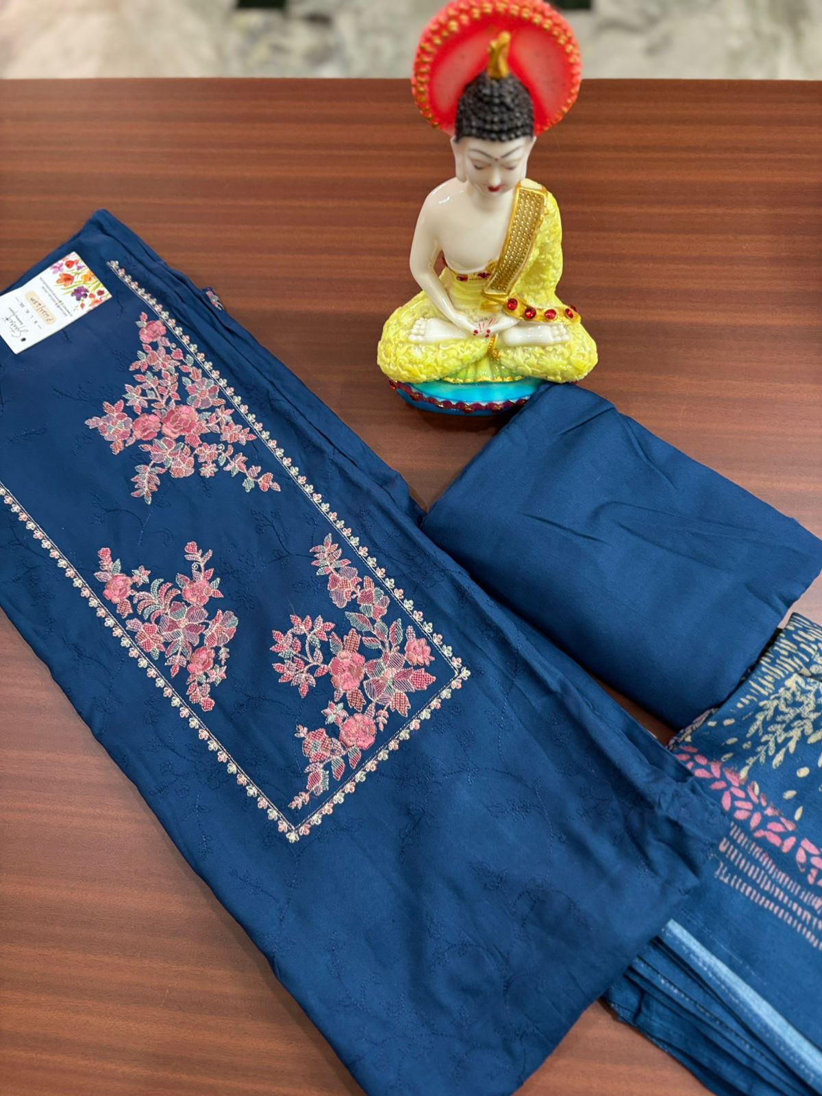 Royal Blue with Japanese Cherry Blossom | Three Piece |  Pashmina | Unstitched Woolen Suit Set