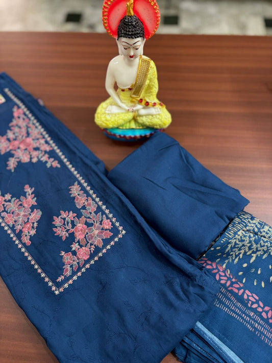 Royal Blue with Japanese Cherry Blossom | Three Piece |  Pashmina | Unstitched Woolen Suit Set